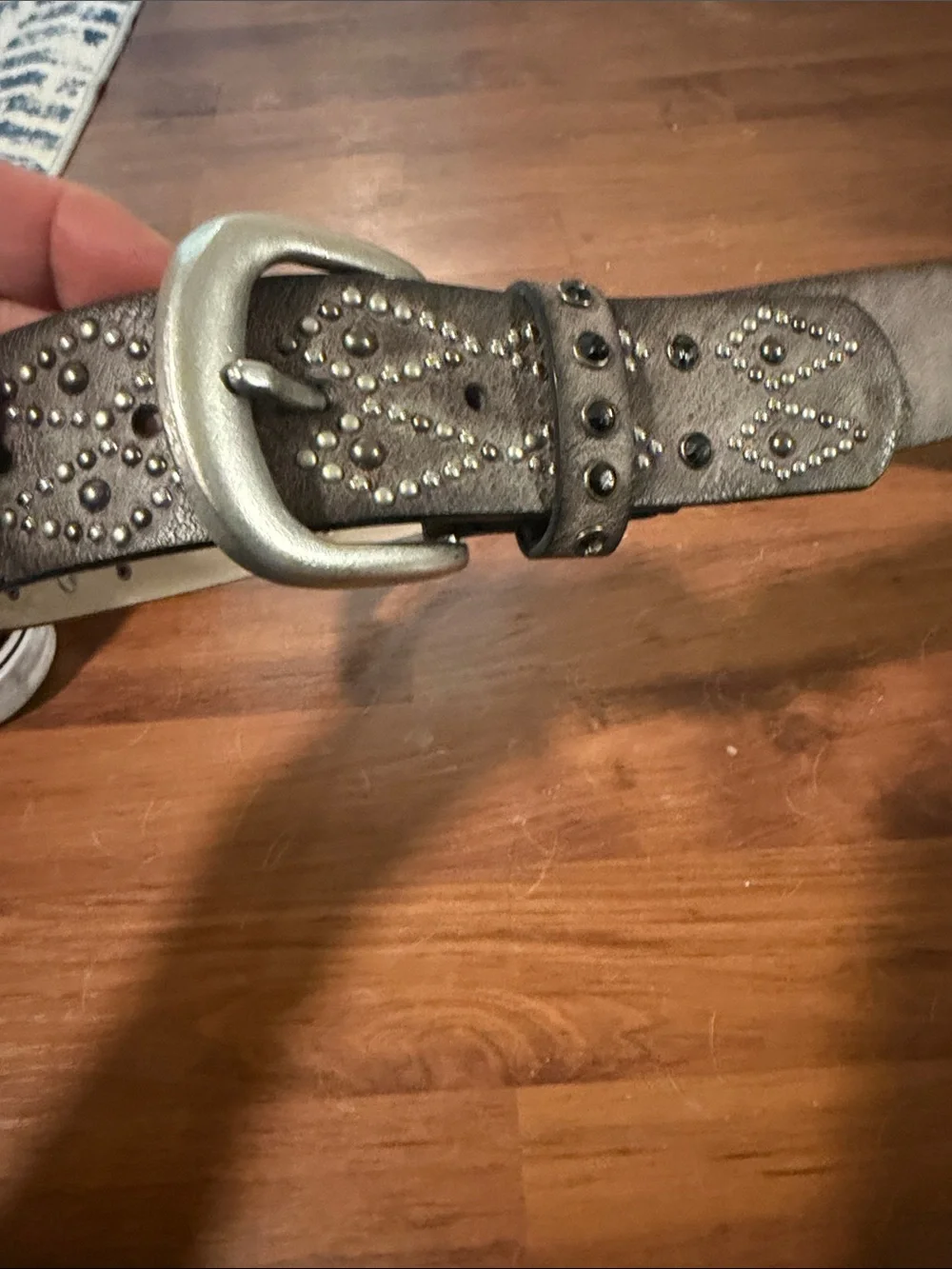 Studded Metallic Gray Leather Belt
